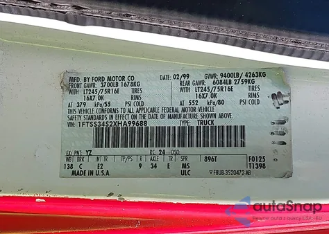 1999 Ford E-350 Super Duty Commercial/Recreational z USA, uszkodzony, nr VIN 1FTSS34S2XHA99688